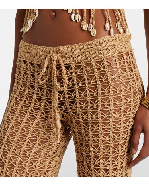 Anna Kosturova Natural Crochet Cotton Wide-Leg Pants
