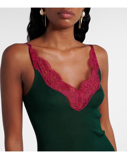 Vestido Lencero De Jersey De Seda Con Encaje Saint Laurent de color Green