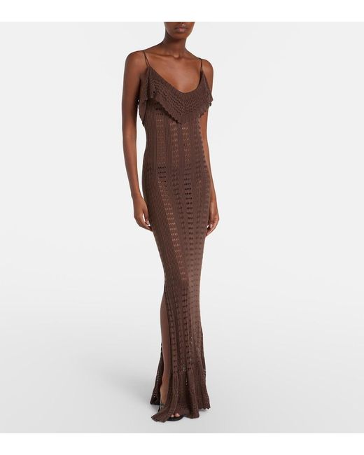 AYA MUSE Brown Ruffled Pointelle Maxi Dress