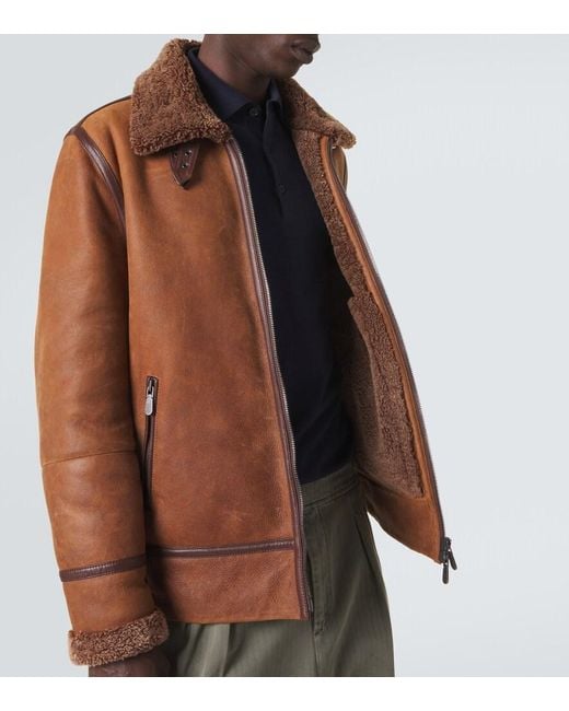 Brunello Cucinelli Brown Shearling-Lined Leather Jacket for men