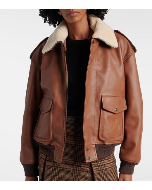 Saint Laurent Brown Shearling-Trimmed Leather Bomber Jacket