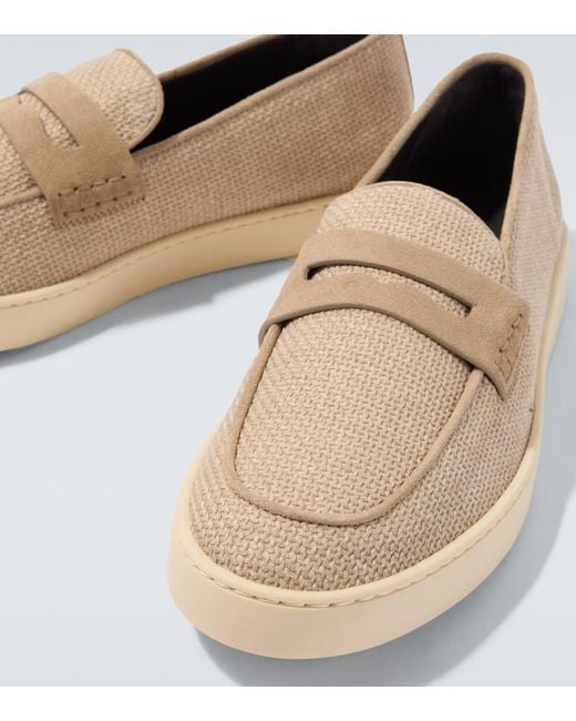 Canali White Woven Suede-Trimmed Penny Loafers for men
