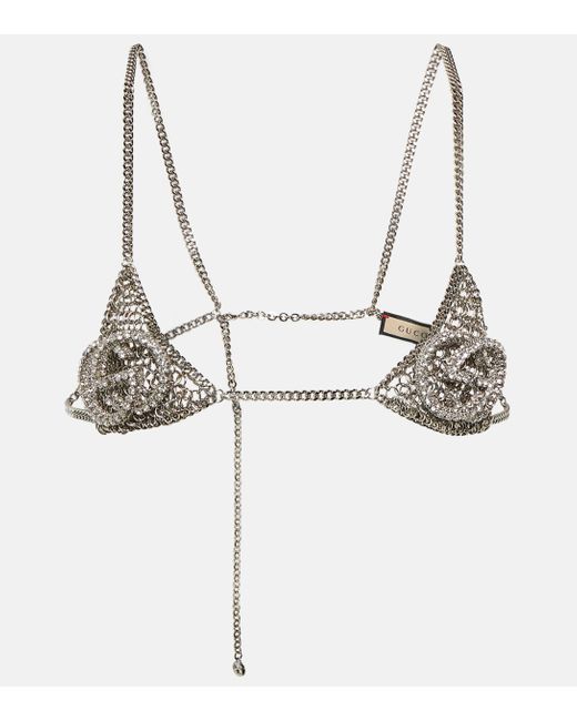 Gucci Interlocking G Embellished Chain Bra in Metallic | Lyst Canada