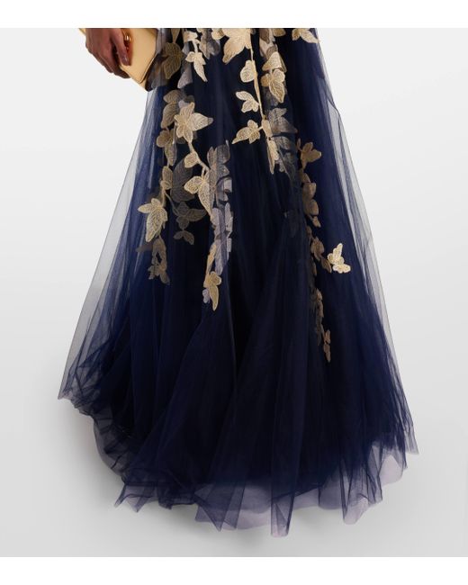 Costarellos Blue Arcangela Applique Tulle Gown