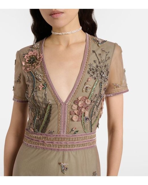 Costarellos Natural Floral Embellished Gown