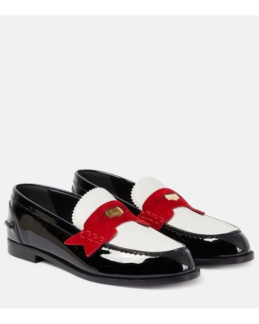 Christian Louboutin Red Penny Suede-Trimmed Patent Leather Penny Loafers