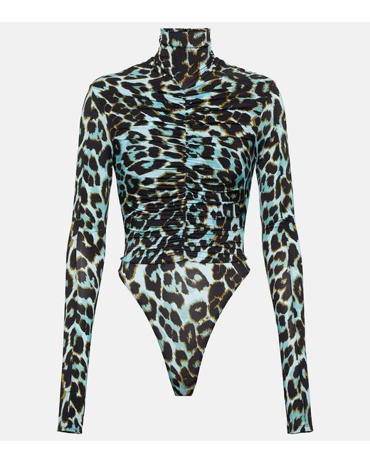 Alex Perry Blue Ruched Leopard-print Jersey Bodysuit