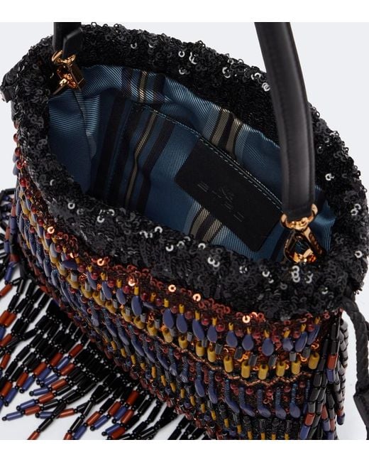 Etro Black Kalispera Small Beaded Fringed Shoulder Bag