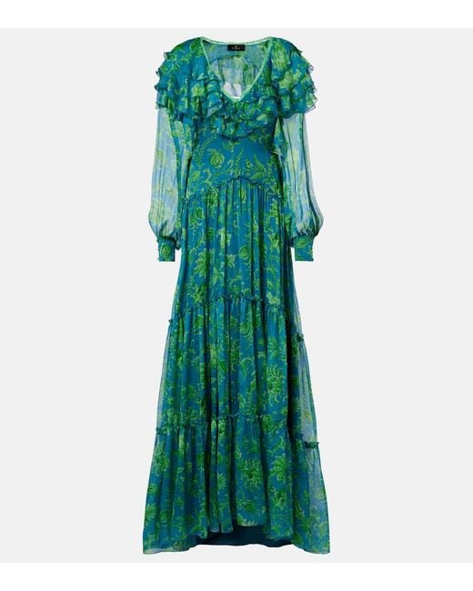 Etro Green Floral Ruffled Tiered Silk Chiffon Maxi Dress