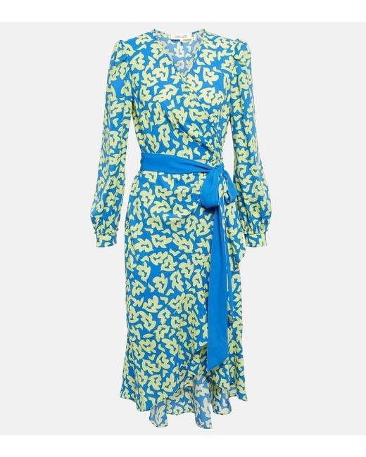 Diane von Furstenberg Blue Printed Tie-Waist Midi Dress