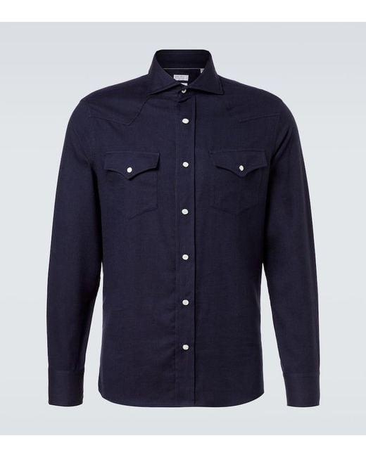 Brunello Cucinelli Blue Chevron Cotton-Blend Flannel Shirt for men