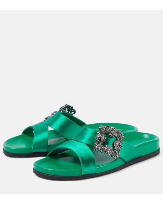 Manolo Blahnik Green Chilanghi Embellished Satin Sandals