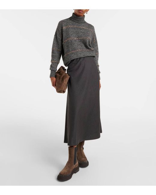 Brunello Cucinelli Black Wool-Blend Midi Skirt