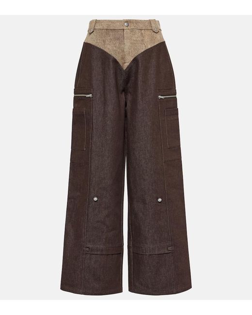 DIDU Brown High-Rise Wide-Leg Cotton Cargo Pants