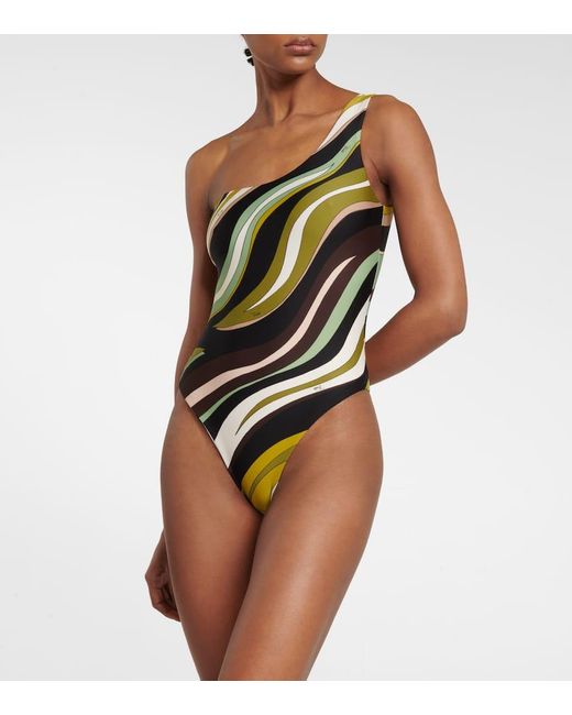 Emilio Pucci Yellow Printed One-shoulder Swimsuit