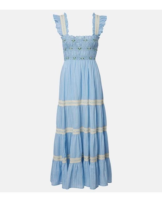 Rixo Blue Aubrie Lace-Trimmed Cotton Midi Dress