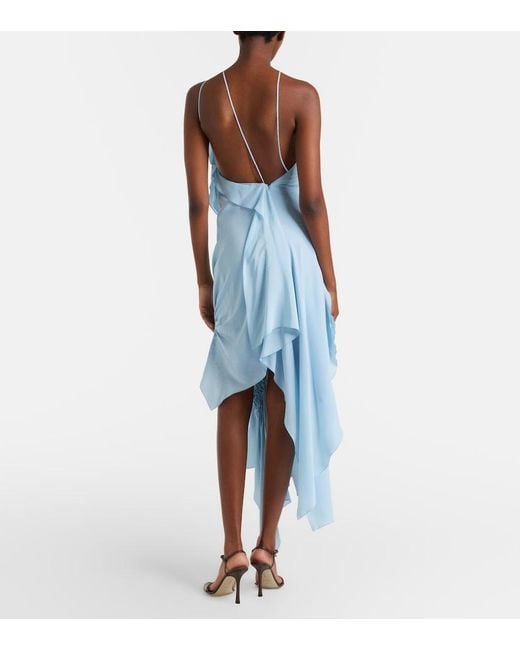Victoria Beckham Blue Asymmetric Smocked Silk Cocktail Dress