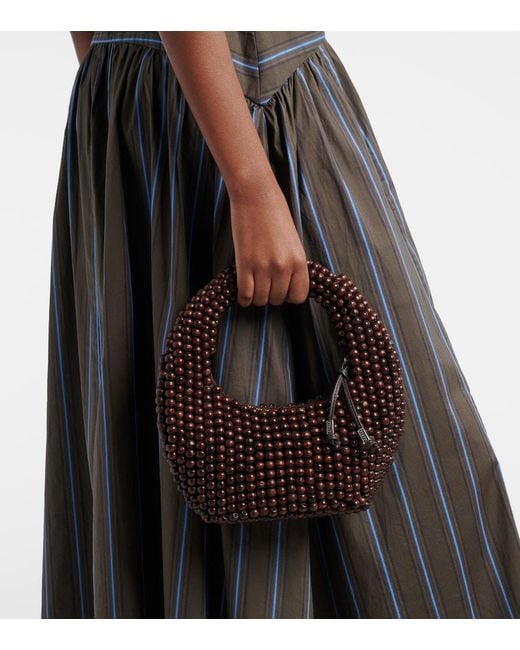 Staud Brown Reef Small Beaded Leather-Trimmed Top-Handle Bag