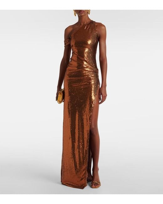 The New Arrivals Ilkyaz Ozel Brown Lizette Sequined One-Shoulder Gown