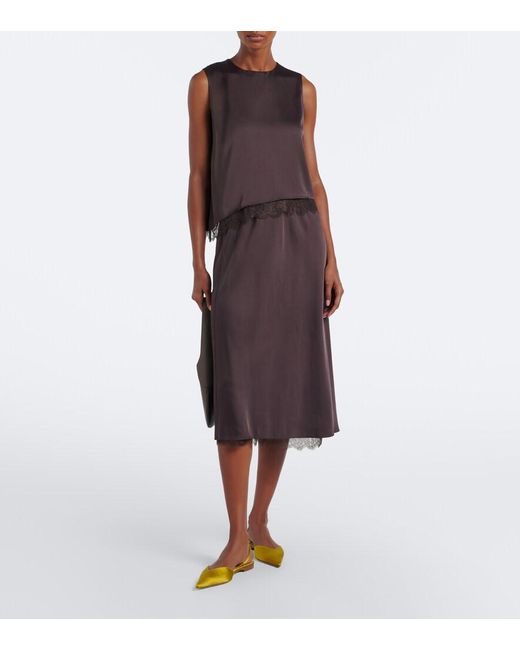 Vince Brown Lace-Trimmed Satin Midi Skirt
