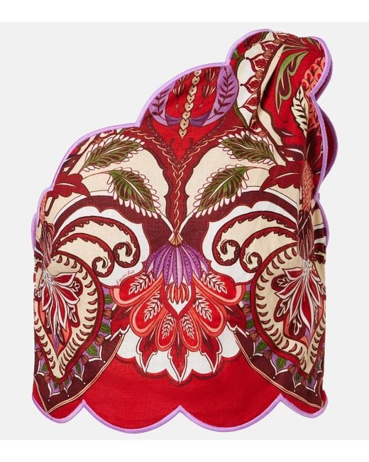 Farm Rio Red Odara One-Shoulder Linen-Blend Top