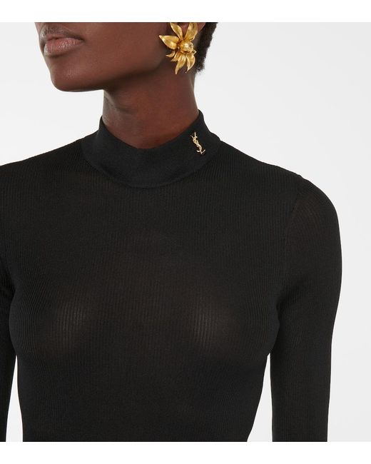 Saint Laurent Black Monogram Silk Mockneck Top