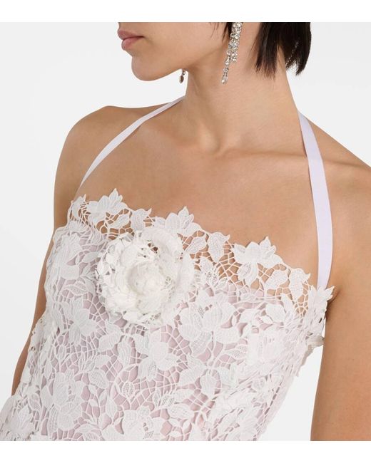 Oscar de la Renta White Floral-Applique Guipure Lace Gown