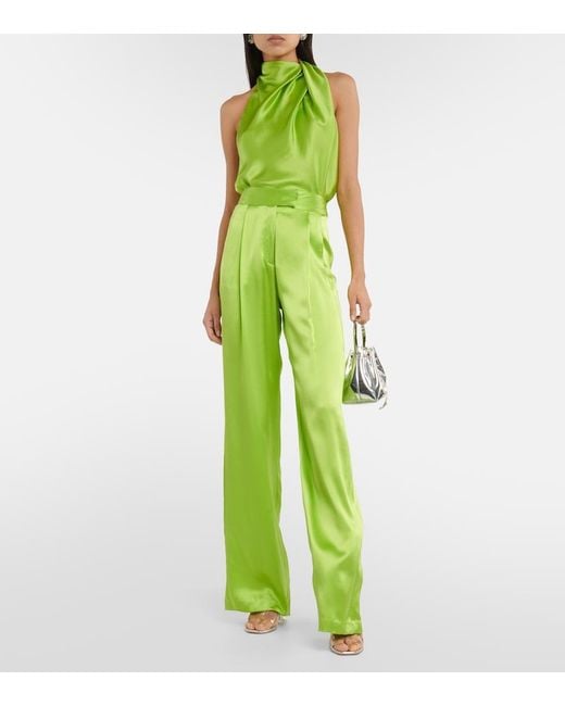 The Sei Green Draped High-Neck Silk Satin Top