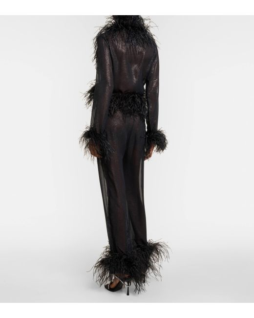 Oseree Black Plumage Feather-trimmed Top
