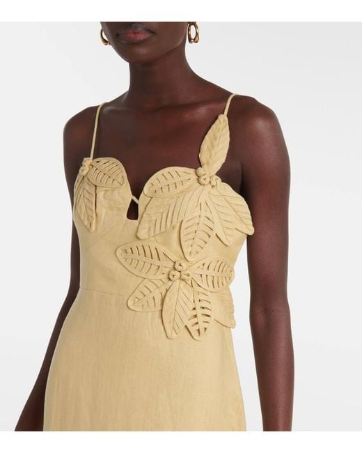 Farm Rio Natural Sand Floral-Applique Linen Midi Dress