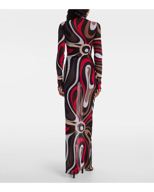 Emilio Pucci Red Printed Tulle-Trimmed Jersey Maxi Dress