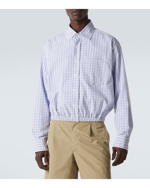 Prada Blue Checked Gathered Cotton Shirt for men