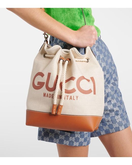 Gucci White Logo Leather-trimmed Canvas Bucket Bag