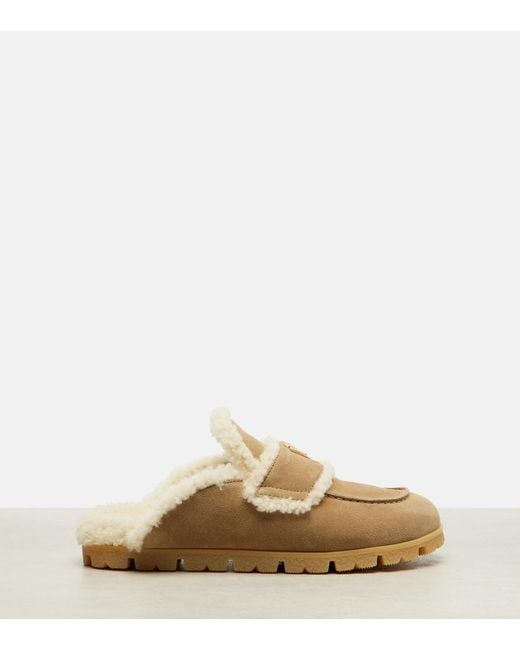 Prada Natural Shearling-Lined Suede Mules