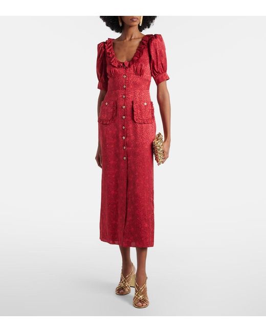 Alessandra Rich Red Leopard-Print Silk Jacquard Midi Dress