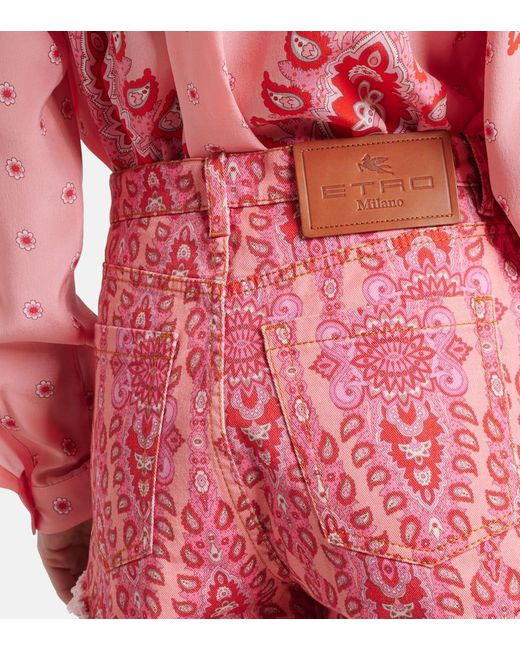 Etro Red Printed Denim Shorts