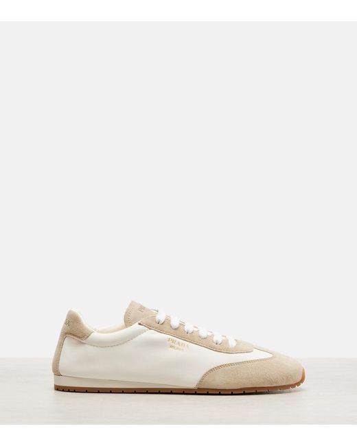 Prada White Suede-Trimmed Leather Sneakers