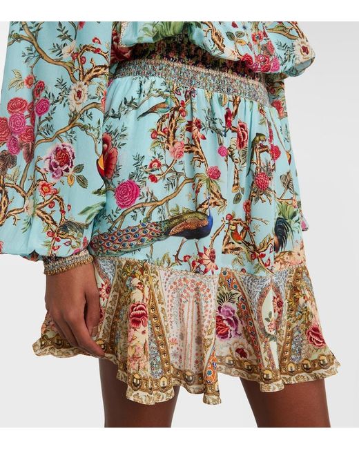 Camilla Blue Embellished Off-Shoulder Silk Crepe Minidress