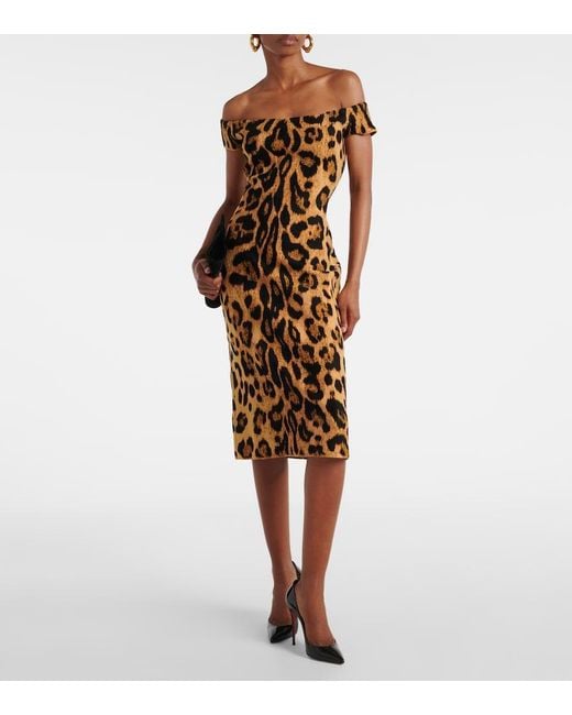 Oscar de la Renta Metallic Leopard-Print Off-Shoulder Midi Dress