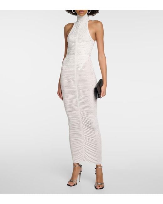 Alex Perry White Crystal-Embellished Ruched Maxi Dress