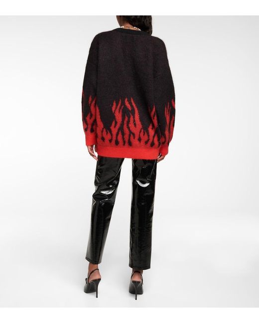 Alessandra Rich Red Embellished Mohair-Blend Jacquard Cardigan