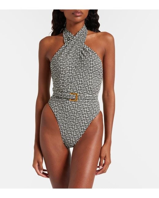 Balmain White Belted Halterneck Swimsuit