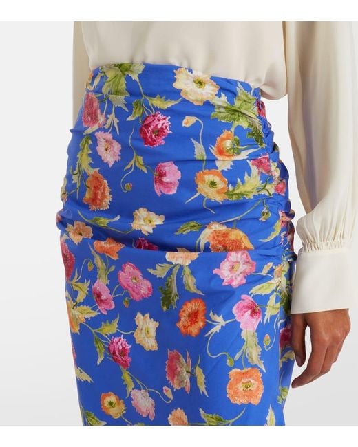 Carolina Herrera Blue Floral Ruched Cotton-Blend Midi Skirt