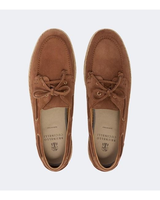 Brunello Cucinelli Brown Jute-Trimmed Suede Boat Shoes for men