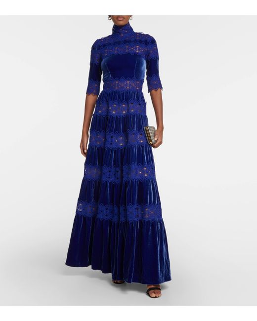 Costarellos Blue Lissie Lace, Silk, And Velvet Gown