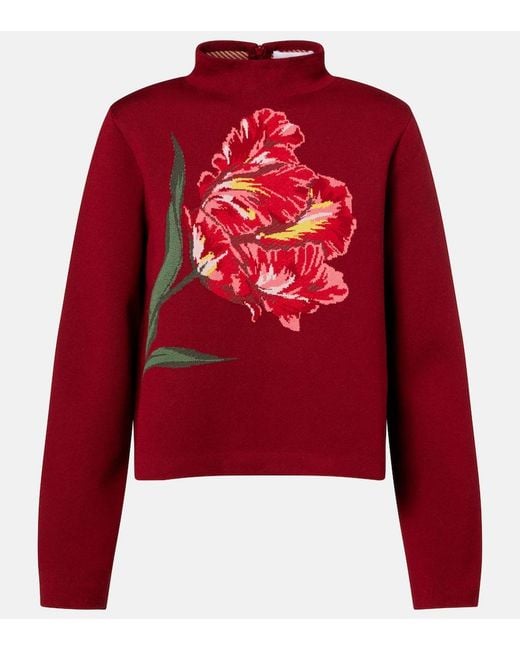 Carolina Herrera Red Floral Jacquard Cotton And Wool Sweater