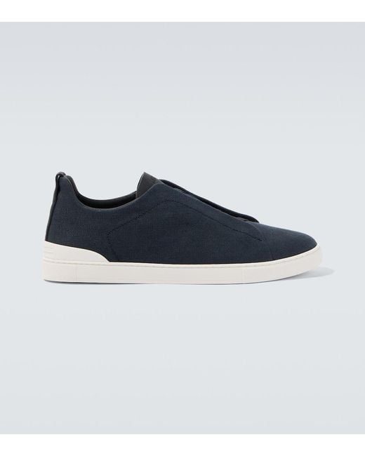 Zegna Blue Triple Stitch Canvas Slip-On Sneakers for men