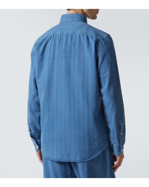 Frescobol Carioca Blue Emilio Herringbone Denim Shirt for men