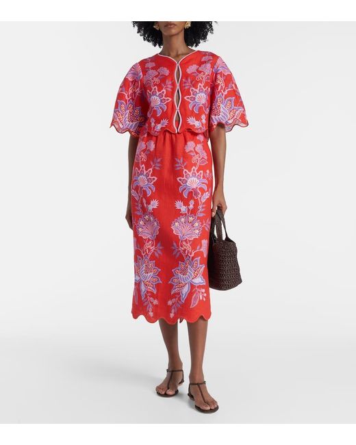 Farm Rio Red Porcelain Garden Printed Linen Maxi Skirt