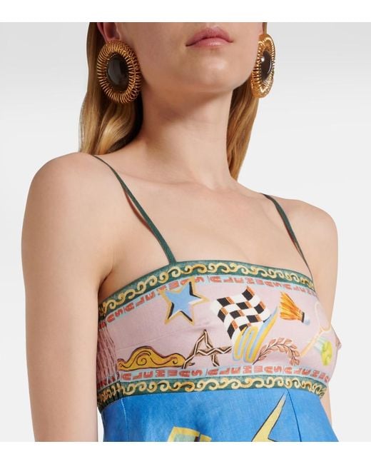 ALÉMAIS Blue Lucky Pace Printed Linen Midi Dress